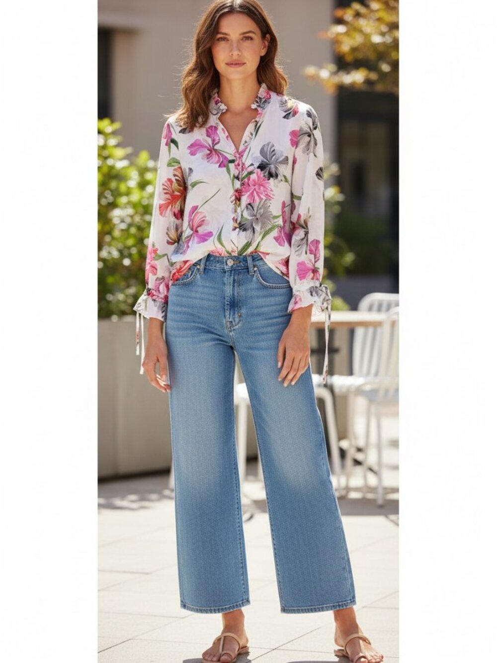Sioni White Tropical Floral Long Sleeve Blouse, Large